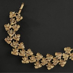 RARE B.S.K Vintage Gold Tone Leaf Bracelet w/ AB Rhinestones & Yellow Enamel